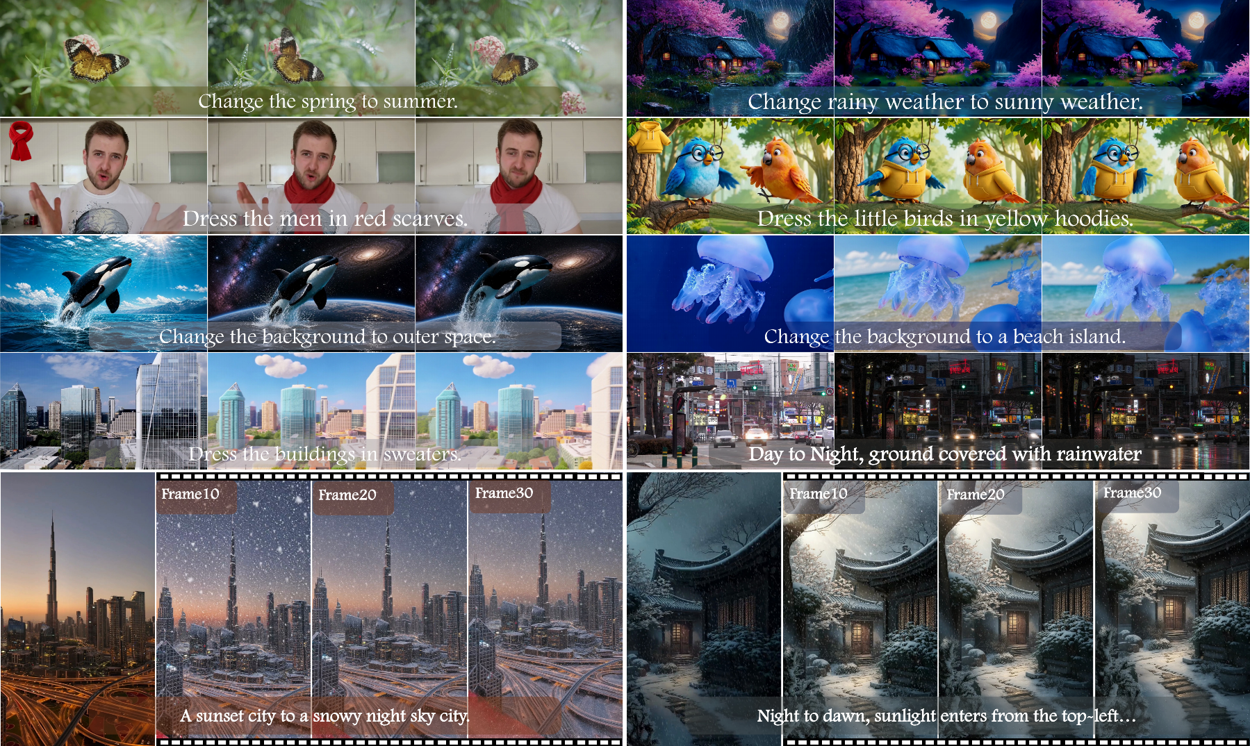 Teaser figure showing exemplar-driven video editing results